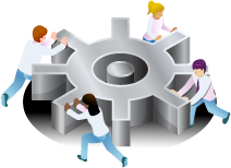 Illustration of people working together to move a gear.