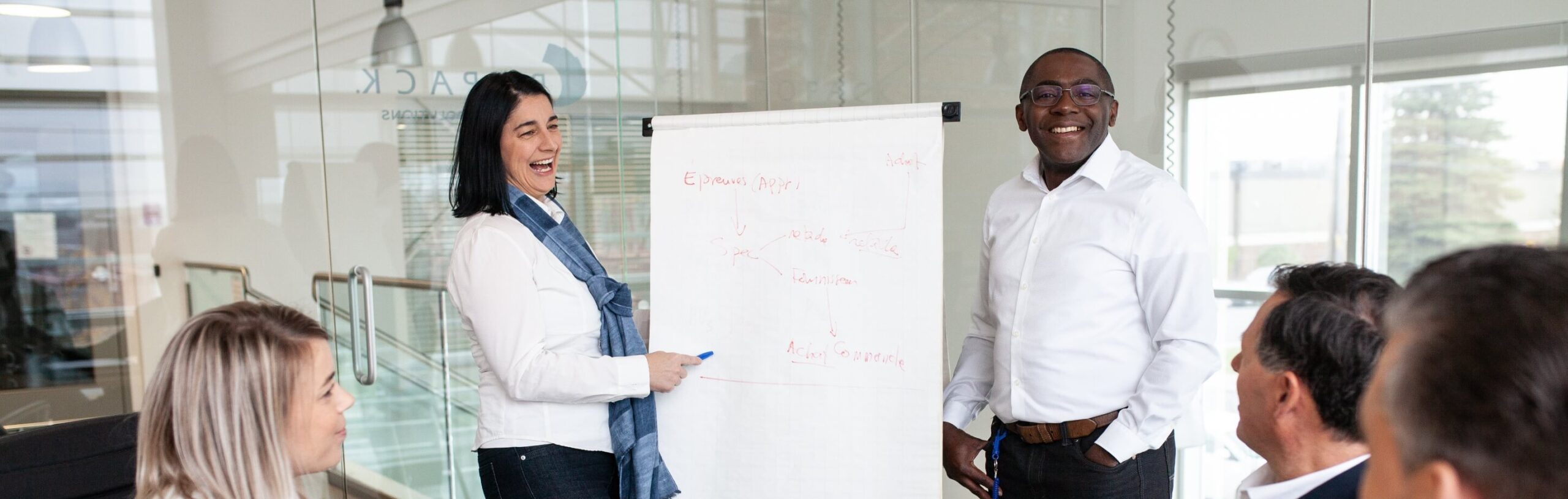 Smiling Ropack employees looking at notes on chart paper.